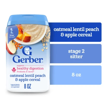 Gerber hearty digestive oatmeal lentil peach & apple cereal 227g